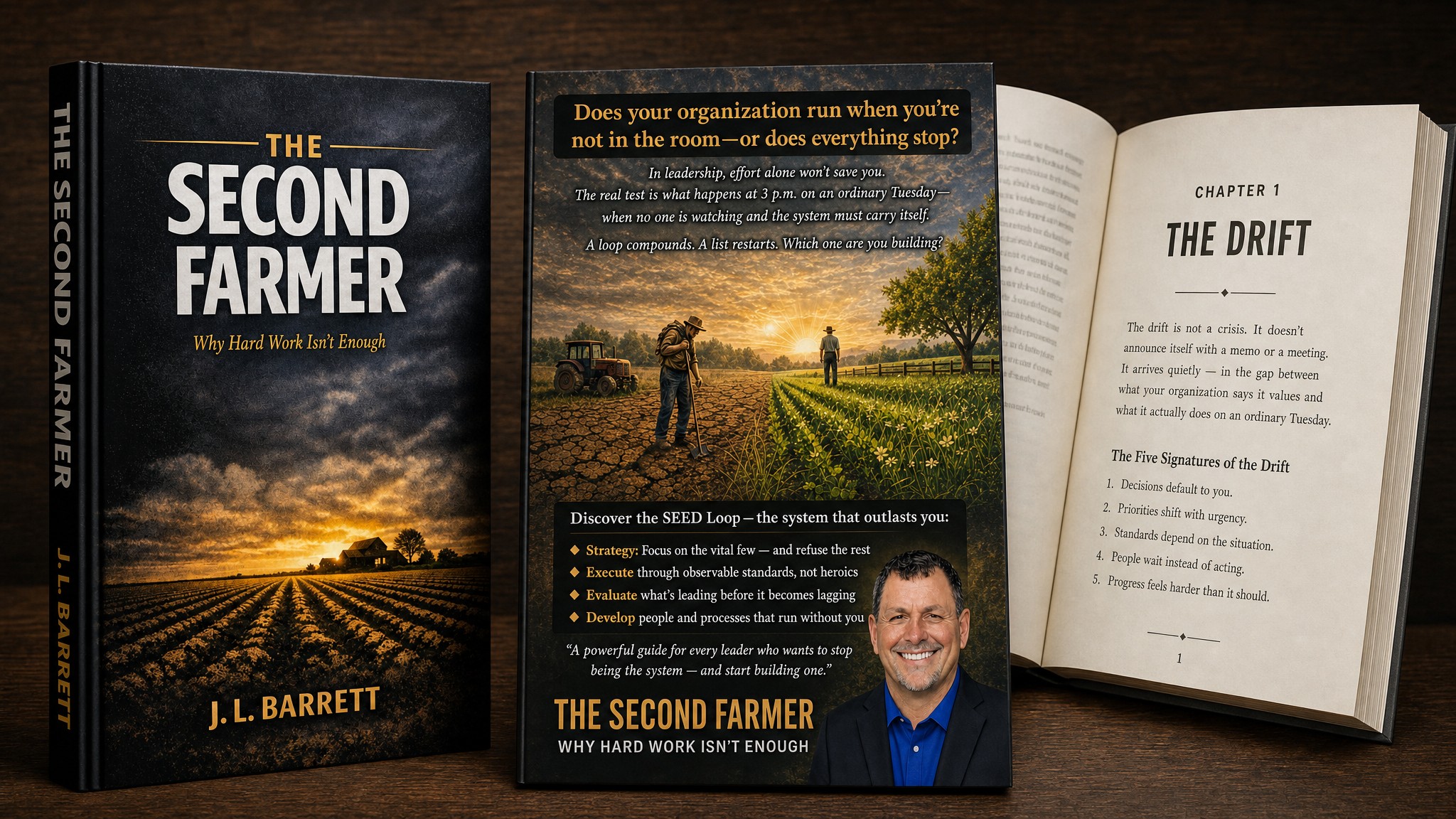 The Second Farmer book collection — front cover, back cover with the SEED Loop framework, and Chapter 1: The Drift